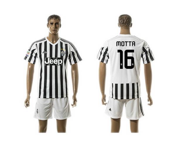 2015-16 Men's Juventus FC Home #16 Motta Black With White Soccer Shirt Kit