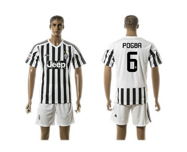 2015-16 Men's Juventus FC Home #6 Pogba Black With White Soccer Shirt Kit
