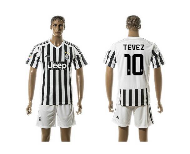 2015-16 Men's Juventus FC Home #10 Tevez Black With White Soccer Shirt Kit