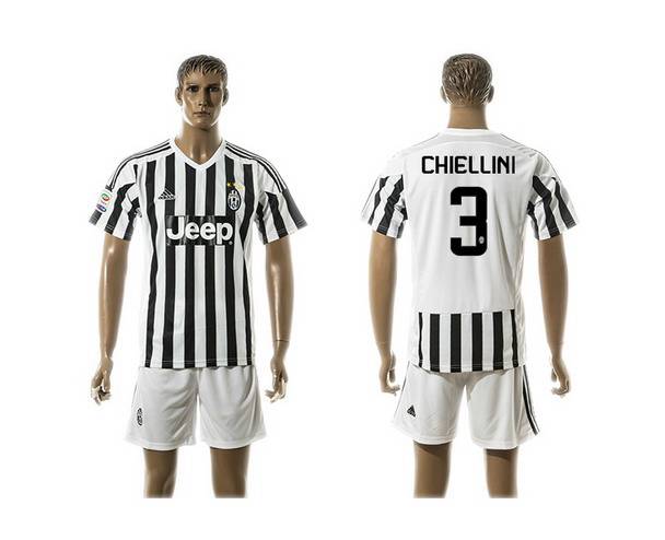 2015-16 Men's Juventus FC Home #3 Chiellini Black With White Soccer Shirt Kit