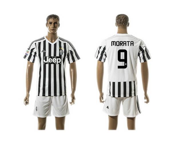 2015-16 Men's Juventus FC Home #9 Morata Black With White Soccer Shirt Kit