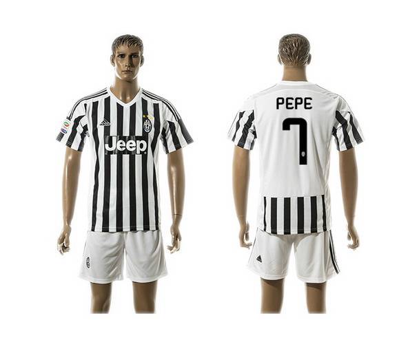 2015-16 Men's Juventus FC Home #7 Pepe Black With White Soccer Shirt Kit