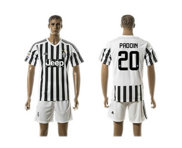 2015-16 Men's Juventus FC Home #20 Padoin Black With White Soccer Shirt Kit