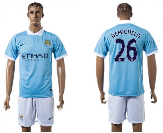 2015-16 Men's Manchester City FC Home #26 Martín Demichelis Blue Soccer Shirt Kit