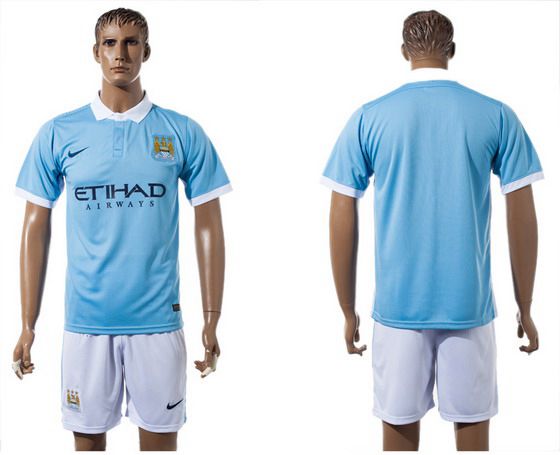 2015-16 Men's Manchester City FC Home Blank Blue Soccer Shirt Kit