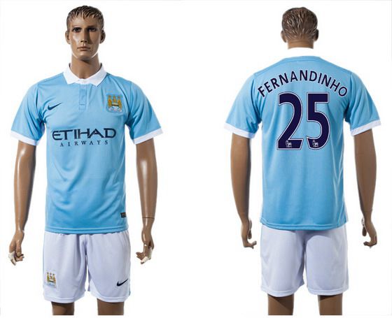 2015-16 Men's Manchester City FC Home #25 Fernandinho Blue Soccer Shirt Kit