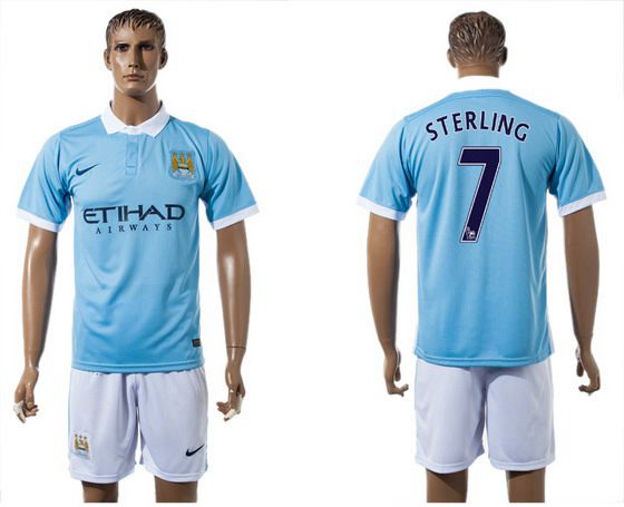 2015-16 Men's Manchester City FC Home #7 Raheem Sterling Blue Soccer Shirt Kit