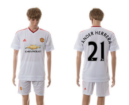 2015-16 Men's Manchester United FC Away #21 Ander Herrera White Soccer Shirt Kit