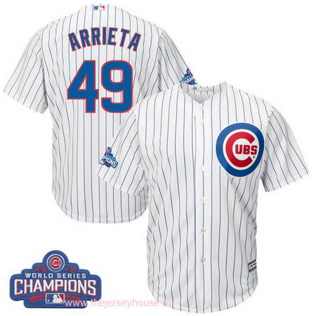Men's Chicago Cubs #49 Jake Arrieta Majestic White Home 2016 World Series Champions Team Logo Patch Player Jersey