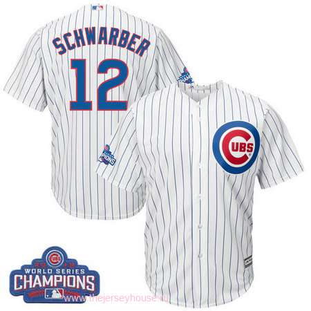 Men's Chicago Cubs #12 Kyle Schwarber Majestic White Home 2016 World Series Champions Team Logo Patch Player Jersey