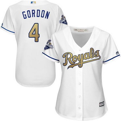 Women Kansas City Royals #4 Alex Gordon White 2015 World Series Champions Gold Program Cool Base Stitched MLB Jersey