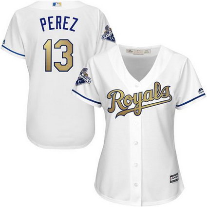 Women Kansas City Royals #13 Salvador Perez White 2015 World Series Champions Gold Program Cool Base Stitched MLB Jersey