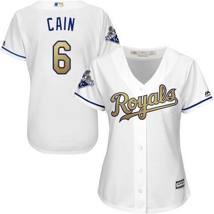 Women Kansas City Royals #6 Lorenzo Cain White 2015 World Series Champions Gold Program Cool Base Stitched MLB Jersey