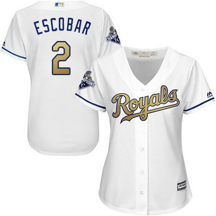 Women Kansas City Royals #2 Alcides Escobar White 2015 World Series Champions Gold Program Cool Base Stitched MLB Jersey
