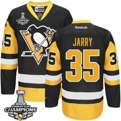Youth Pittsburgh Penguins #35 Tristan Jarry Black With Gold Jersey With 2016 Stanley Cup Champions Patch