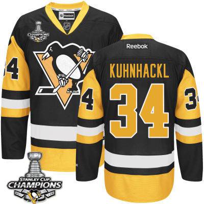 Youth Pittsburgh Penguins #34 Tom Kuhnhackl Black With Gold Jersey With 2016 Stanley Cup Champions Patch