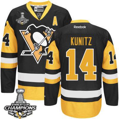 Youth Pittsburgh Penguins #14 Chris Kunitz Black With Gold A Patch Jersey With 2016 Stanley Cup Champions Patch