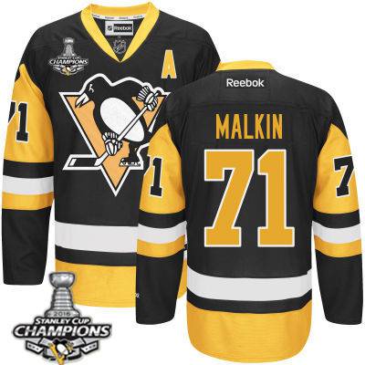 Youth Pittsburgh Penguins #71 Evgeni Malkin Black With Gold A Patch Jersey With 2016 Stanley Cup Champions Patch