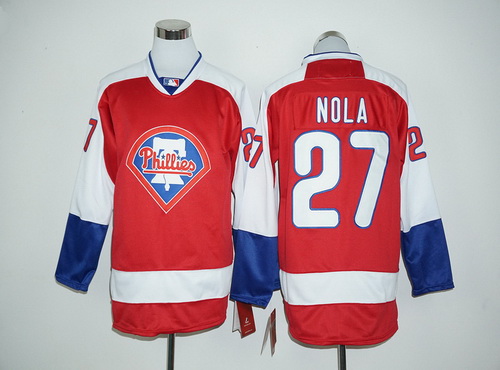 Philadelphia Phillies #27 Aaron Nola Red Long Sleeve Baseball Jersey