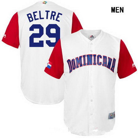 Men's Stitched Dominican Republic Baseball #29 Adrian Beltre Majestic White 2017 World Baseball Classic Replica Jersey