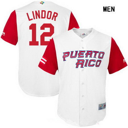 Men's Stitched Puerto Rico Baseball #12 Francisco Lindor Majestic White 2017 World Baseball Classic Replica Jersey