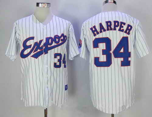 Men's Montreal Expos #34 Bryce Harper Majestic 1982 White Pinstripe MLB Cooperstown Collection Stitched Jersey