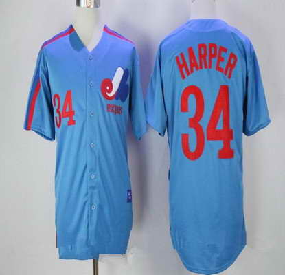 Men's Montreal Expos #34 Bryce Harper Majestic 1982 Royal Blue MLB Cooperstown Collection Stitched Jersey
