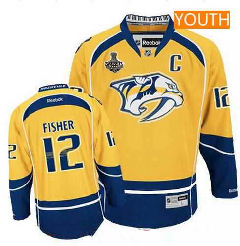Youth Nashville Predators #12 Mike Fisher Yellow C Patch 2017 Stanley Cup Finals Stitched NHL Jersey