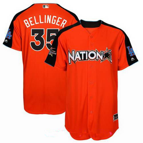 Men's Los Angeles Dodgers #35 Cody Bellinger National League Majestic Orange 2017 MLB All-Star Game Authentic Home Run Derby Jersey