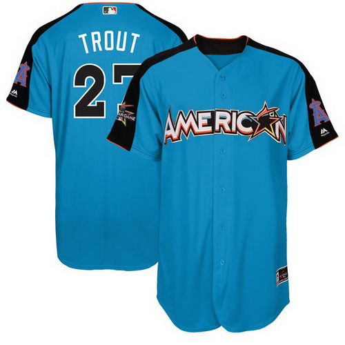 Men's Angeles Angels Of Anaheim #27 Mike Trout American League Majestic Blue 2017 MLB All-Star Game Authentic Home Run Derby Jersey
