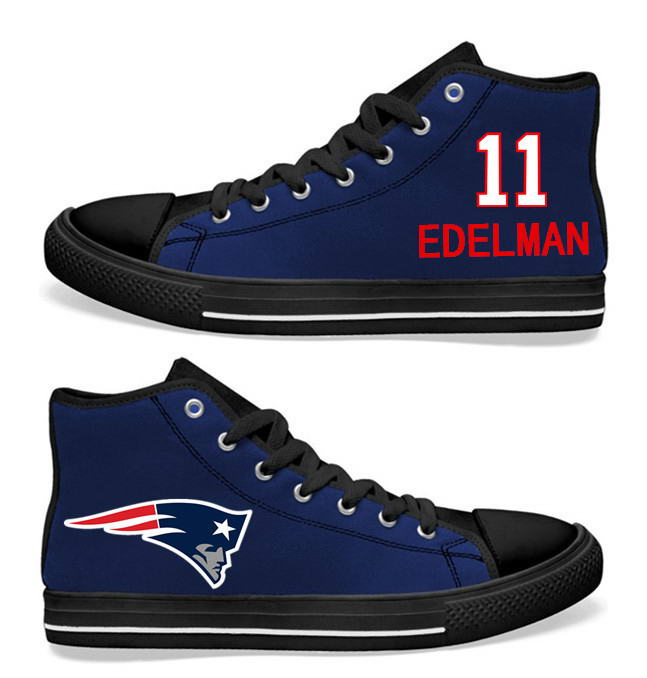 NFL New England Patriots11# Julian Edelman  black blue Hand Painted Unisex Custom Centre-TOP Canvas Shoes