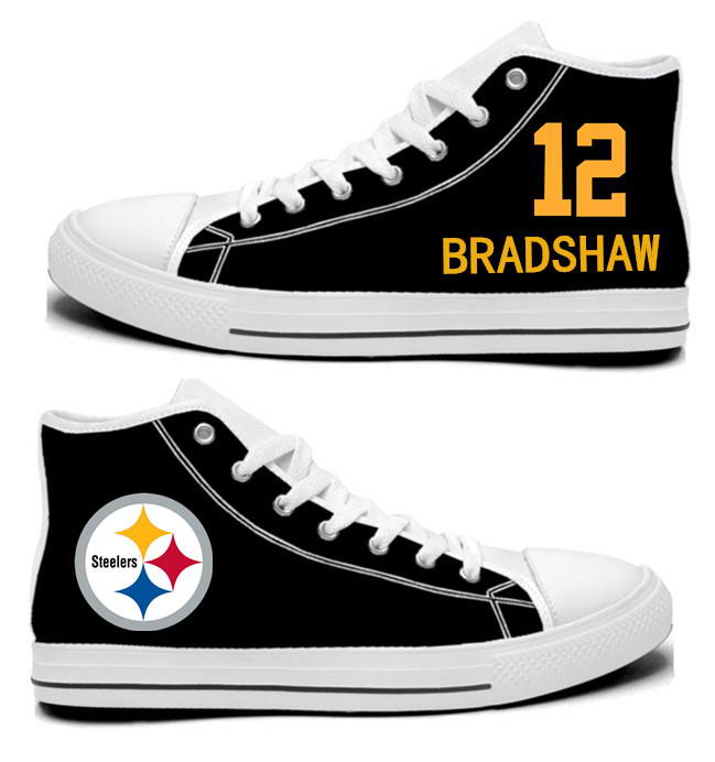 NFL Pittsburgh Steelers 12# Terry Bradshaw Black Hand Painted Unisex Custom Centre-TOP Canvas Shoes