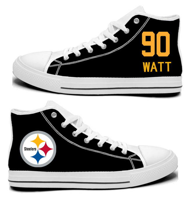 NFL Pittsburgh Steelers 90#   T.J. Watt  Black Hand Painted Unisex Custom Centre-TOP Canvas Shoes