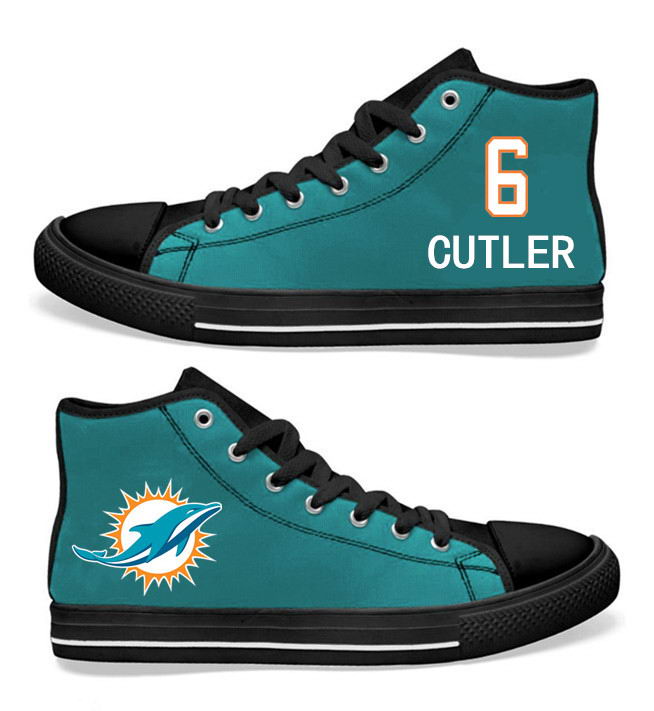 NFL Miami Dolphins 6# Jay Cutler Black Aqua Hand Painted Unisex Custom Centre-TOP Canvas Shoes