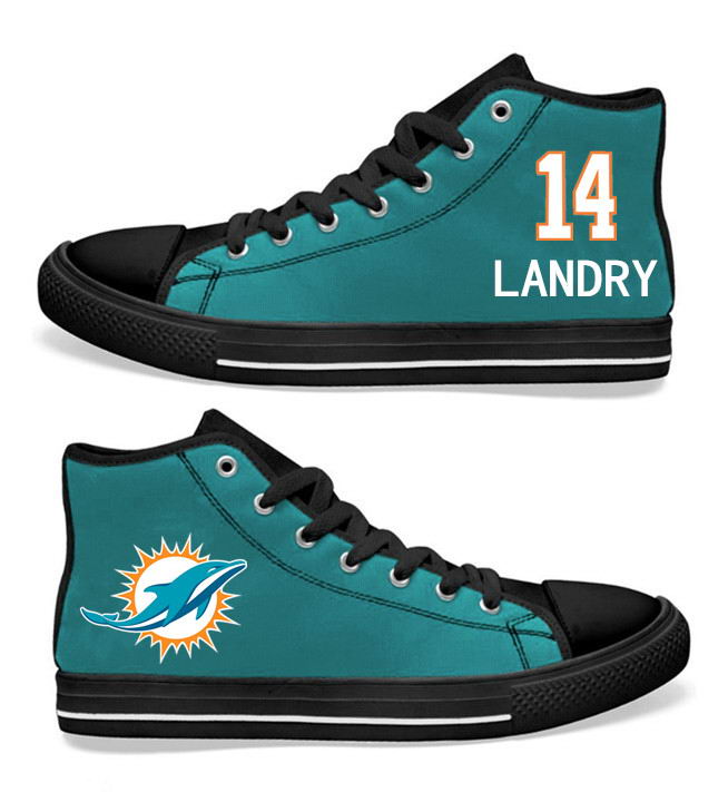 NFL Miami Dolphins 14# Jarvis Landry black Aqua Hand Painted Unisex Custom Centre-TOP Canvas Shoes