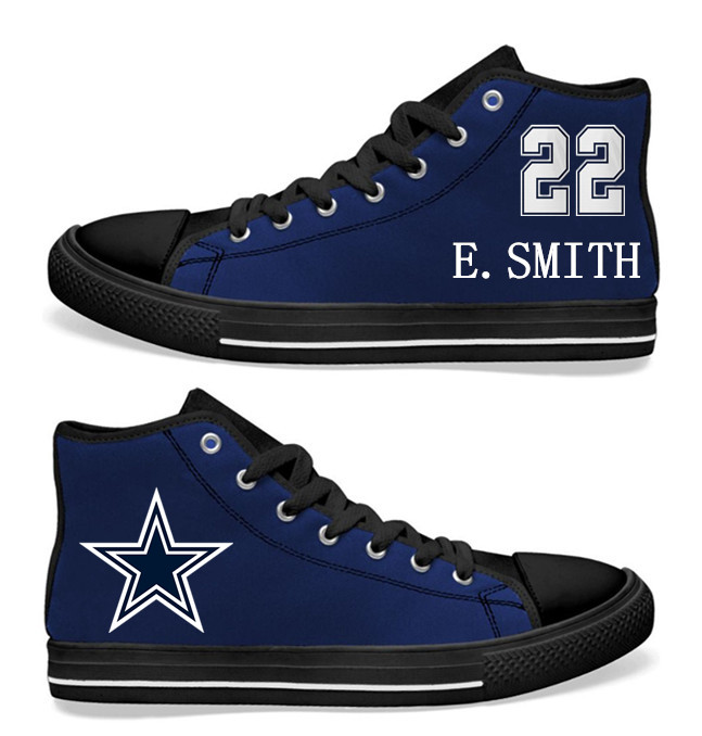 NFL Dallas Cowboys 22# Emmitt Smith black of Blue Hand Painted Unisex Custom Centre-TOP Canvas Shoes
