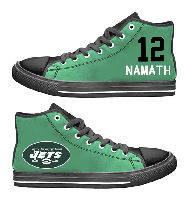 NFL New York Jets 12#  Namath Mitchell black Green  Hand Painted Unisex Custom Centre-TOP Canvas Shoes