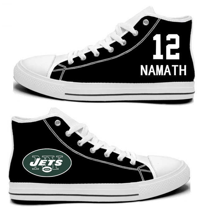 NFL New York Jets 12#  Namath Mitchell  black  Hand Painted Unisex Custom Centre-TOP Canvas Shoes