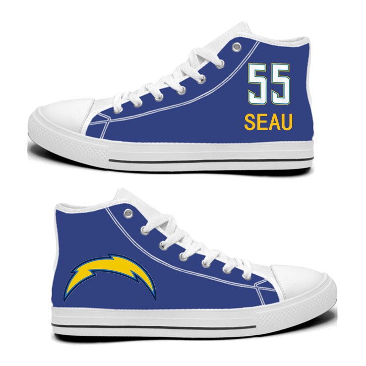 NFL Los Angeles Chargers 55#  Junior Seau Royal Color Hand Painted Unisex Custom Centre-TOP Canvas Shoes
