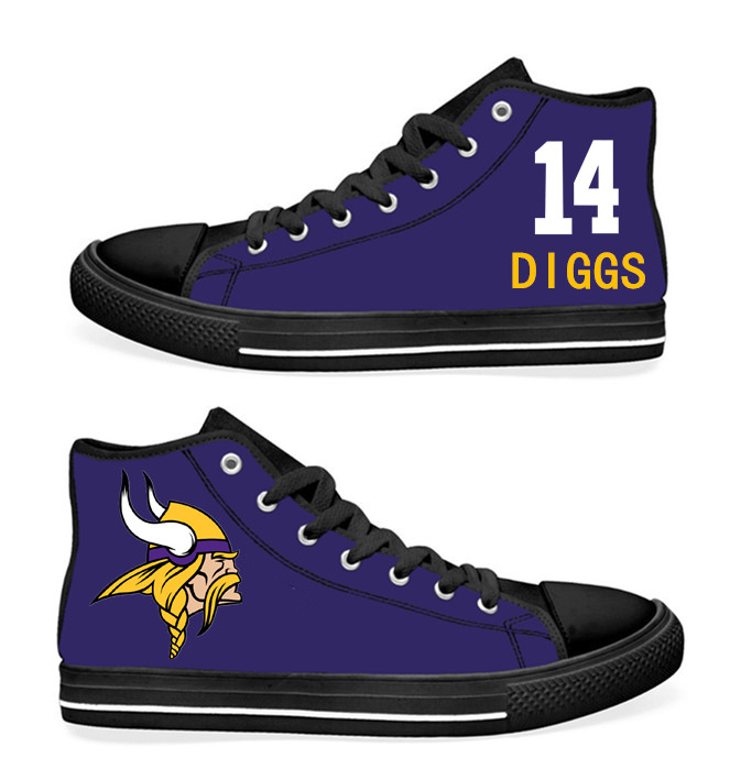 NFL Minnesota Vikings 14#  Stefon Diggs black Purple Hand Painted Unisex Custom Centre-TOP Canvas Shoes