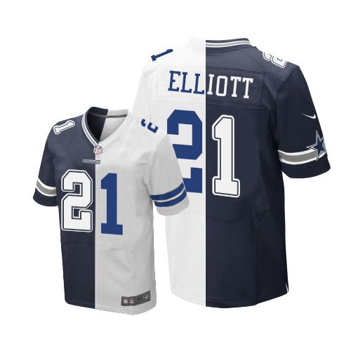 Nike Dallas Cowboys Men's #21 Ezekiel Elliott Limited Navy Blue and White Split Fashion NFL Jersey