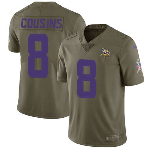 Youth Nike Vikings #8 Kirk Cousins Olive Stitched NFL Limited 2017 Salute to Service Jersey