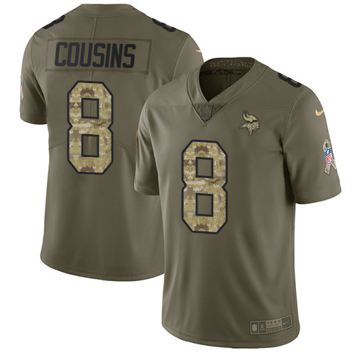 Youth Nike Vikings #8 Kirk Cousins Olive Camo Stitched NFL Limited 2017 Salute to Service Jersey