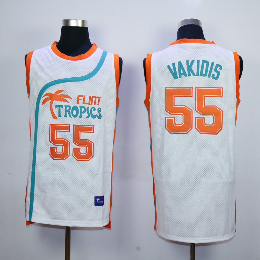 Flint Tropics #55 Vakidis White Semi Pro Movie Basketball Stitched Jersey