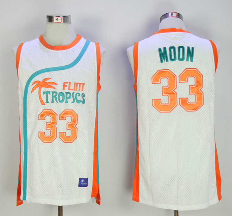 Flint Tropics 33 Jackie Moon White Semi Pro Movie Basketball Stitched Jersey