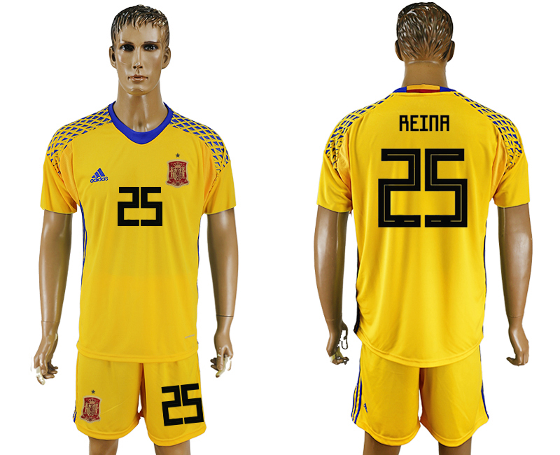Spain 25 REINA Yellow Goalkeeper 2018 FIFA World Cup Soccer Jersey Any Name and Number Can Do