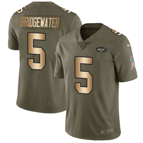 Nike New York Jets Men's Stitched NFL Limited 2017 Salute To Service #5 Teddy Bridgewater Olive Gold Jersey