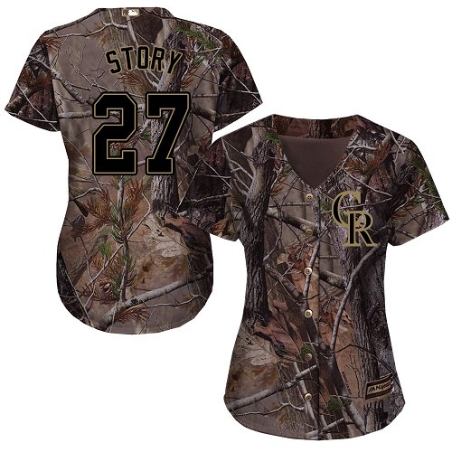 Colorado Rockies #27 Trevor Story Realtree Collection Cool Base Women's Stitched Baseball Camo Jersey