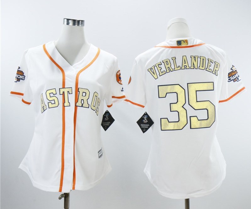 Houston Astros #35 Justin Verlander Women 2018 Gold Program Cool Base White Jersey