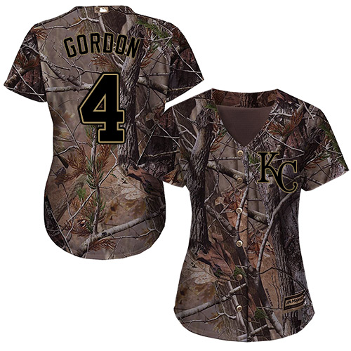 Kansas City Royals #4 Alex Gordon Realtree Collection Cool Base Women's Stitched Baseball Camo Jersey